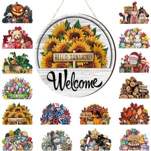 Yousoontic 17 Pcs 12 Inch Magnetic Welcome Door Sign Interchangeable Patriotic Front Door Decorations Summer Seasonal and Festive Signs for Women Gift Round Home Decor(Classic Color,Welcome)