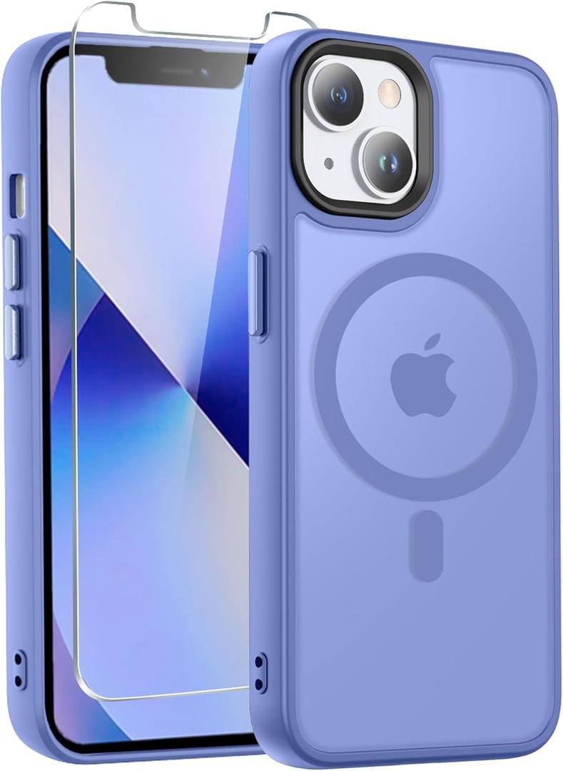 DEERLAMN Magnetic Matte Case for iPhone 13/iPhone 14 with Screen Protector, [Compatible with MagSafe][Military Grade Drop Protection] Slim Translucent Shockproof Protective Phone Cover, Light Purple