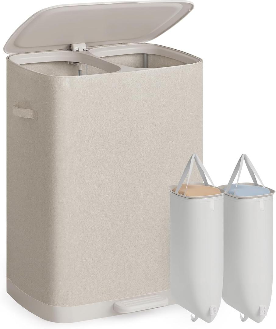 SONGMICS Laundry Hamper with Lid and Pedal, 160L Laundry Basket，2 Sections, 22 x 18.5 x 29.5 inches