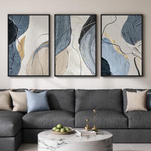 Large Framed Abstract Wall Art for Living Room, Set of 3 Modern Canvas Artwork for Wall, Blue Gray Minimalist Prints Paintings for Bedroom Hallway Office Wall Decor, 24 x 36 Inch, 24W" x 36H"x 3 Pcs
