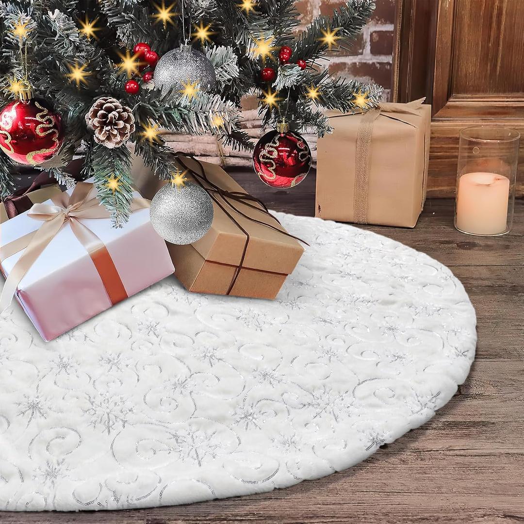 Dremisland Christmas Tree Skirt 48 inches White Christmas Tree Skirt with Silver Sequin Snowflakes Luxury Faux Fur Plush Xmas Tree Skirt Holiday Party Christmas Decorations (36inch/90cm, Sliver)