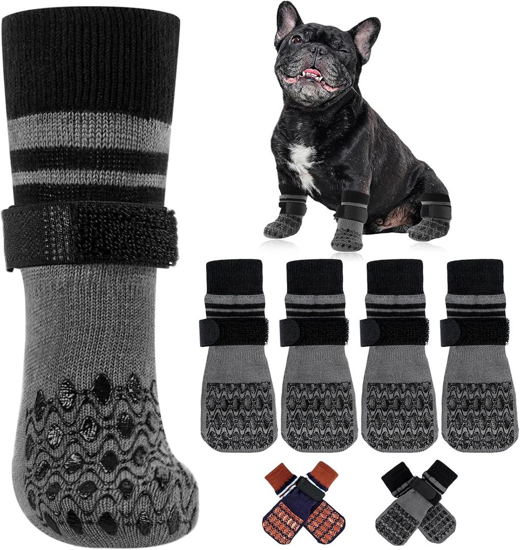 Kuoser Non Slip Dog Socks for Hardwood Floors,4Pack Anti-Slip Dog Grippy Socks to Prevent Licking Paws,Dogs Booties Paw Protectors with Double-Sided Traction for Small Medium Large Senior Dogs,Gray S (S(Length: 5.31"))