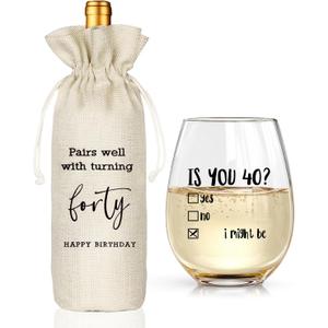 Funny 40th Birthday Gifts for Women Men- 40th Birthday Wine Glass & Wine Bag Gift Ideas for Wife, Husband, Mom, Dad, Sister, Aunt, Coworkers,40Year Party Supplies Decor for Him Her (Clear-40)