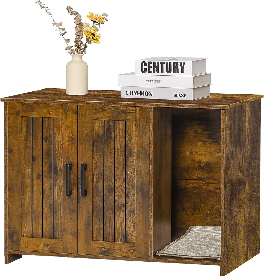 DWANTON Litter Box Enclosure, Cat Litter Box Furniture Hidden, with Scratching Mat, Wooden Cat Washroom Indoor, 31.5" L x 19.7" W x 21.7" H, Rustic Brown