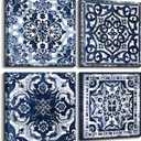 Bedroom Decor Canvas Wall Art Flower Pattern Prints Bathroom Abstract Pictures Modern Navy Framed Wall Decor Artwork for Walls Hang for Bedroom 4 Pieces Wall Decoration Size 14x14 Each Panel
