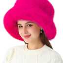 LA CARRIE Women's Fuzzy Wide Brim Faux Fur Bucket Hat Winter Warmer Fisherman Cap (Pink)