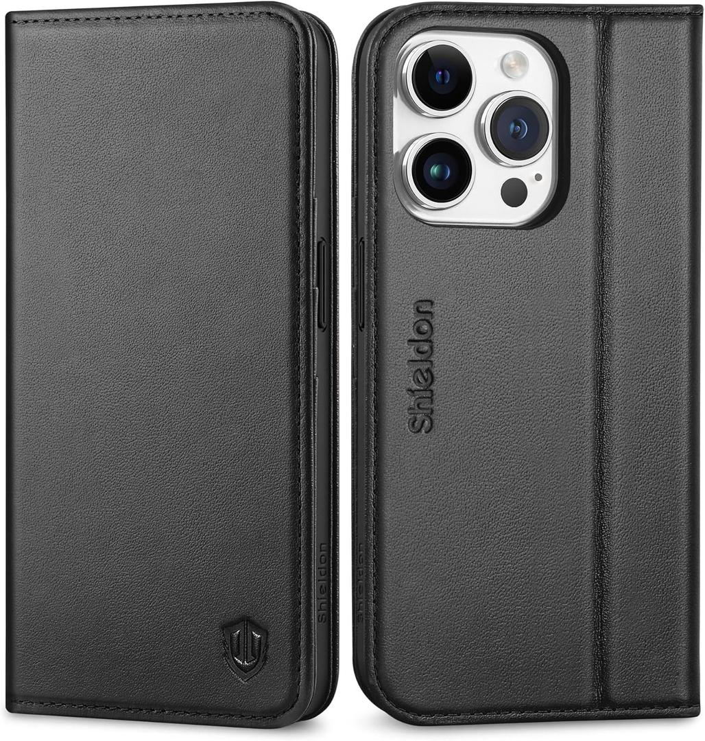 SHIELDON Case for iPhone 15 Pro 5G 6.1", Genuine Leather Wallet Flip Cover RFID Blocking Card Slots Magnetic Closure Shock-Absorbent Case Compatible with iPhone 15 Pro 2023 - Black