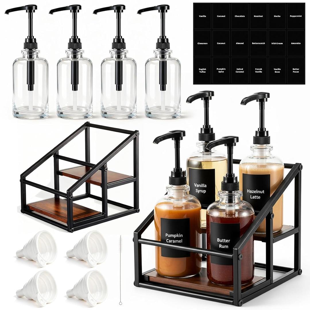 Coffee Bar Accessories, 4 Pack 16.9oz/500ml Coffee Syrup Dispenser with 1/4oz Pump, 2-tier Syrup Rack Organizer, Labels, Straw Brushes, Funnels for Kitchen Countertop, Wine, Dressing Storage
