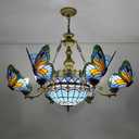 Aeyee Stained Glass Chandelier, Tiffany Style Hanging Light, Vintage Blue Butterfly Pendant Light Fixture for Living Room Dining Room (9 Lights)