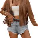 SOLY HUX Women's Faux Suede Fringe Trim Long Sleeve Open Front Cardigan Jacket Western Concert Outfits (Large, Pure Khaki)