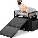 Non Slip Dog Ramp with Seat & Storage Drawers,Extra Wide Doggie Stairs,Metal Frame Puppy Chair for High Bed Couch Office,Dachshunds Ladder,Washable Cushion Pet Step for Small Old Pets Grey (Gray)