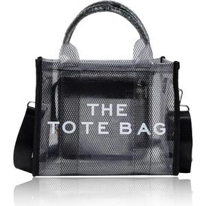 Clear Tote Bag for Women, Transparent Crossbody Lunch Bag Large Mesh Beach Bag for Sports Travel Stadium (Black)