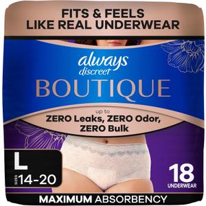 Always Discreet Boutique Incontinence and Postpartum Underwear for Women, Maximum Protection, Large, Black, 18 Count