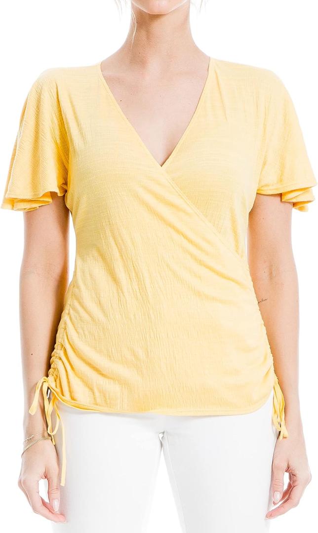 Max Studio Women's Side Cinched Surplice Neck Top, Sunshine, Small