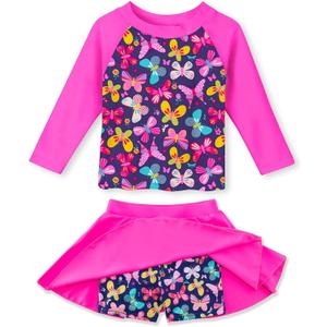 Idgreatim Girls Swimsuit Rash Guard Set Long Sleeve Two Piece Bathing Suit 3-10 Years (6-7 Years, Butterflies Pink)