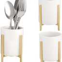 JUXYES Pack of 3 Ceramic Silverware Holder For Party Table, White Cutlery Holder Holder With Golden Metal Bracket, Small Flatware Caddy Organizer Utensil Holder Organizer for Kitchen Dining Tables