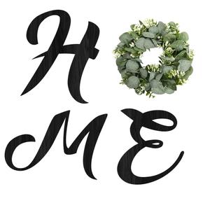 Pinkpum Wood Home Sign with Artificial Eucalyptus Wreath for O, Hanging Farmhouse Wall House Decor Wood Letters for Wall Art Rustic Home Decor, Wall Decor for Living Room Kitchen Entryway (Black)
