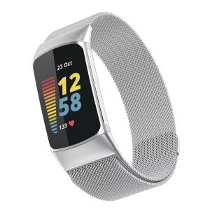 Silver-Tone Stainless Steel Mesh Band Compatible with Fitbit Charge 5 and 6