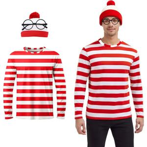 Red and White Striped Shirt Costume Set for Adults with Hat and Round Glasses, Men's Halloween Party Outfit (S)
