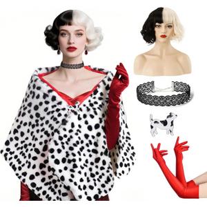 Cosrea Women Halloween Costume Black and White Spotted Dog Shawl Faux Stole for Adult, One Size