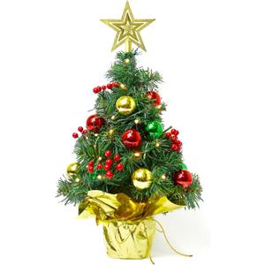Tabletop Christmas Tree with LED String Lights,22In Pre-Decorated Mini Artificial Christmas Tree for Desktop, Star Treetop and Colored Ornaments for Home Indoor Holiday Christmas Decoration-Red (Yellow)