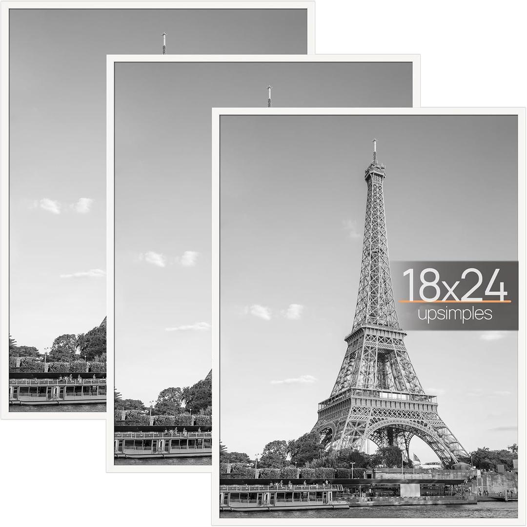 upsimples 18x24 Picture Frame White 3 Pack, Scratch-Proof Poster Frames 18 x 24 for Photo Gallery - Slide-In Strips, Horizontal or Vertical Wall Mounting