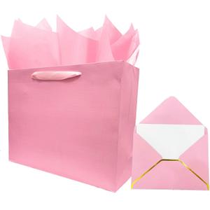 jabberwpacking 9" Medium Pink Premium Gift Bag with Tissue Paper and Card (Silk Paper Gift Bag) for Women Girl Birthday Baby Shower