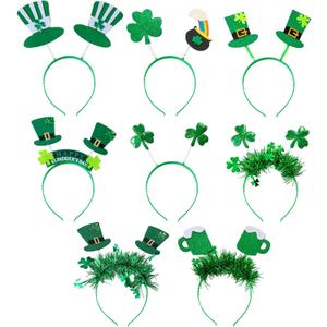 8Pcs St. Patrick's Day Headbands, Green Shamrock Clover Hats Headband Boppers, Saint Patricks Day Irish Headwear Costume Accessories Top Hat Head Band Bopper Party Favors for Women Men