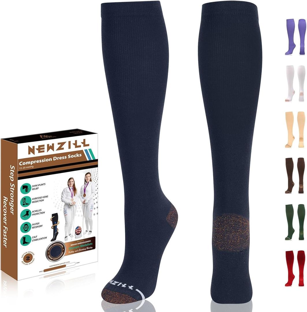NEWZILL Copper Compression Socks for Women & Men 15-20mmHg Cotton Rich Odor Control Dress Socks for Business Casual Running Medical Athletic Support, Edema Diabetic Relief (Large-X-Large, Dark Blue)