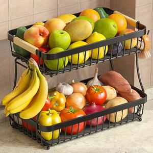 2 Tier Fruit Basket for Kitchen Counter with 2 Banana Hangers, 2025 Pro Detachable Metal Fruit Bowl with Wooden Handle,Fruit Holder for Bread Snack Veggies, Black, Extra Large
