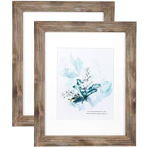 KAIWIN 100% Solid Wood Brown 11x14 Picture Frame 2 Pack Display Picture 8x10 with Mat, HD Glass Inside, Rustic Wooden Photo Frames for Wall Mounting