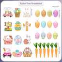 Easter Tree Decorations and Ornaments Set, Large Bunny Ear & Pink Bow Topper, LED Lights, Ribbon - Hanging Egg, Rabbit, Gnome & Carrot Wooden Decor for Home, Party, Table, Outdoor & Classroom