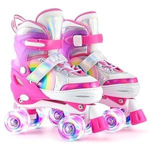 SULIFEEL Rainbow Unicorn 4 Size Adjustable Light up Roller Skates for Girls Boys for Kids Beginners Rollerskates Pink Large