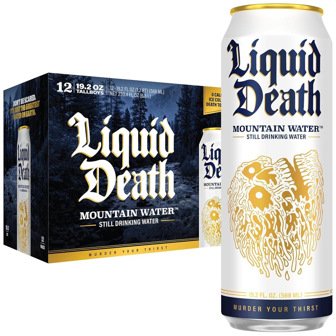 Liquid Death Still Mountain Water, Real Mountain Source, Ice-Cold Cans, Infinitely Recyclable, King Size 19.2 Fl Oz (Pack of 12) (EXP 12/17/26)
