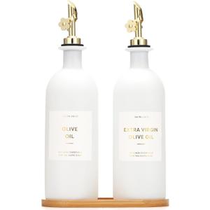 HOMCDALY Olive Oil Dispenser for Kitchen, 16oz Glass Oil Bottles with Bamboo Tray, Gold Oil&Vinegar Cruet Set, Kitchen Dispenser Bottles with Pourer | Set of 2 (16oz Gold)