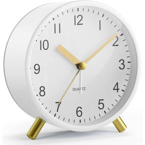 Analog Alarm Clock, Super Silent Non Ticking with Night Light, Battery Operated, Bedroom Clock,Fashionable Round Metal Alarm Clock for Office, Elderly, Adults, Children, School Gift (White)