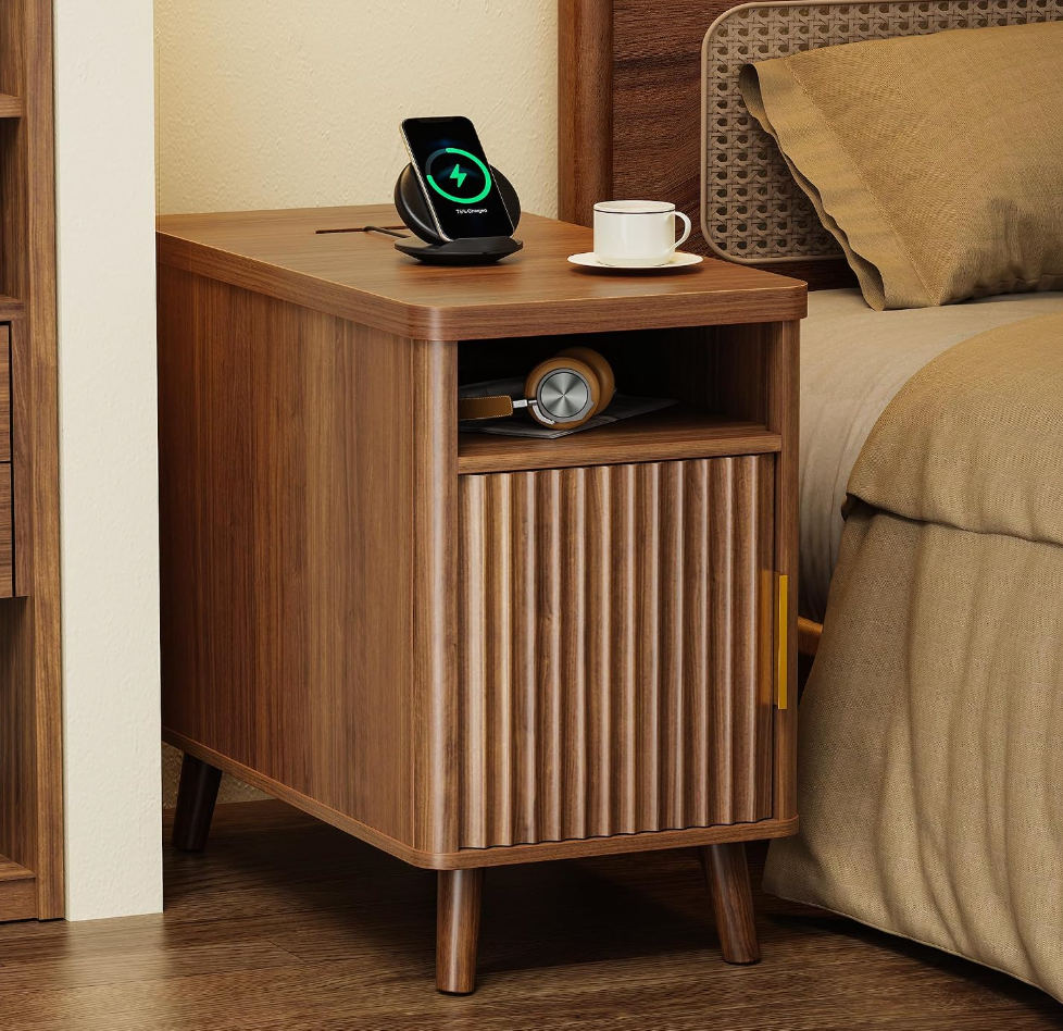 Huuger Narrow End Table with Charging Station, USB-C Port, Fluted Nightstand with Storage Cabinet, Back Rack, Farmhouse Side Table for Small Spaces, 13.4 × 23.6 Inch Night Stand, Walnut