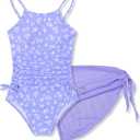 Girls Floral One Piece Swimsuit and Cover Up Skirt Set Purple Bathing Suit for Girls Size 6-7 (Purple)