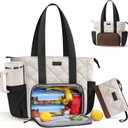 Puffer Lunch Tote Bag for Women, 15.6 Inch Laptop Work Bag with Insulated Lunch Compartment & Large Cup Holder, Lightweight Quilted Puffy Lunch Box Purse for Teacher Nurse Travel Office Daily School (Cream-Brown-Black)