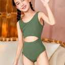 Milumia Girls Swimsuit One Piece Cut Out Bathing Suit Rib Knit Bikini Swimwear Size 9-14Y
