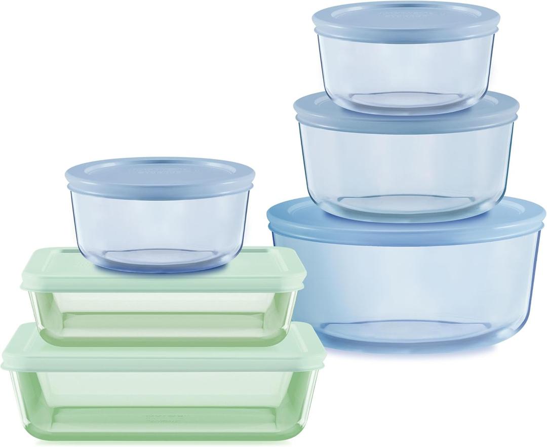 Pyrex Colors Tinted (12-PC Full Set) Small/Medium/Large Food Storage Container Set, Snug Fit Non-Toxic Plastic BPA-Free Lids, Freezer Dishwasher Microwave Safe, 3 Cup, 6 Cup & 11 Cup (Green, Blue)