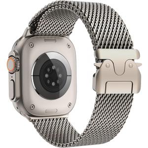 Milanese Loop Band Compatible with Apple Watch Bands Ultra 3/2/1 49mm 46mm 45mm 44mm for Women Men, Parachute-style Buckle Metal Mesh Strap Bracelet for iWatch Series 11 10 SE 9 8 7 6 5 4 (Natural)