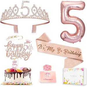 5th Birthday Decorations Girl, Including 5 year old Birthday Cake Topper, Queen Sash with Pearl Pin, Sweet Rhinestone Tiara Crown, Number Candles and Balloons Set, Rose Gold