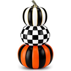 Briwooody 16.9 Inch Stacked Resin Pumpkin Decor, 3 Layers Halloween Artificial Fake Pumpkin Tower, Black White Checkered Orange Striped Halloween Autumn Decoration for Outdoor Indoor Porch Home Party