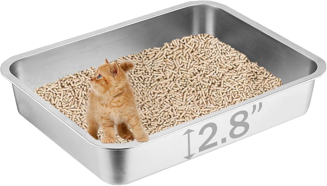 Stainless Steel Cat Litter Box, 17.7" x 13.8" x 2.8" Metal Litter Pan, Small Litter Box for Little Cats Kittens, Easy Cleaning
