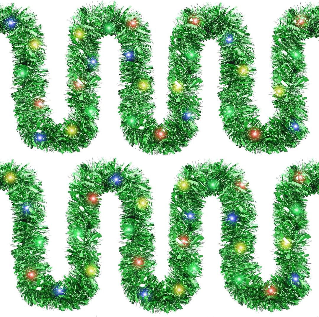Roberly 2 PCS Prelit Christmas Tinsel Garland with Lights, Total 39.4 Ft 120 Led Lighted Christmas Tree Decorations Twist Hanging Foil Garland for Xmas Party Stairs New Year Decor, Green