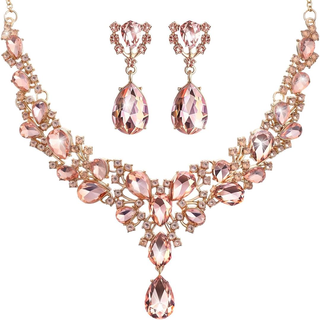 Hicarer Bridal Teardrop Cluster Crystal Jewelry Set for Women Necklace Earrings Wedding (Light Peach)