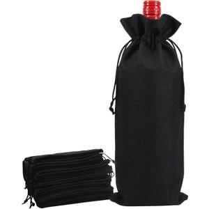 Shintop 10pcs Jute Wine Bags, 14 x 6 1/4 inches Hessian Wine Bottle Gift Bags with Drawstring for Party Halloween Festival Gift Favors (Black)
