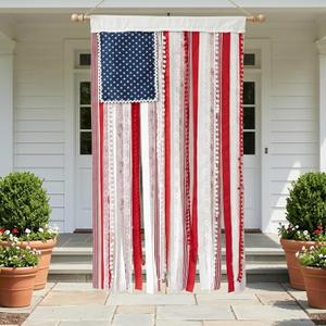 4th of July Decorations Rag American Flag Wall Hanging 50 x 27 Inch Handcrafted Fabric Lace Ribbon Flag Banner Patriotic Wall Decor for Memorial Day Independence Day 250th Anniversary Indoor Outdoor Porch Home