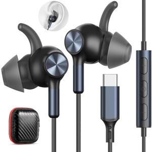 USB C Earbuds Wired with Mic for iPhone 17 16 Pro Max Samsung S25 S24 Ultra FE Wired Earphones USB C,Type C Headphones with Earfins Hook for iPad 10 Air Galaxy A16 A17 S23 S22 Pixel 9 10 Pro, Blackblue